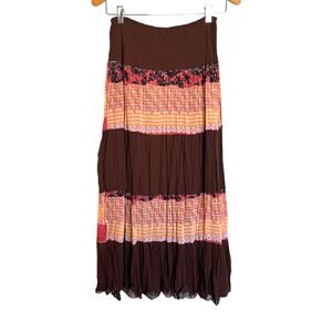 Vintage USA Made Crinkle Pleat Midi Skirt Chocolate Brown Patchwork Print Size L